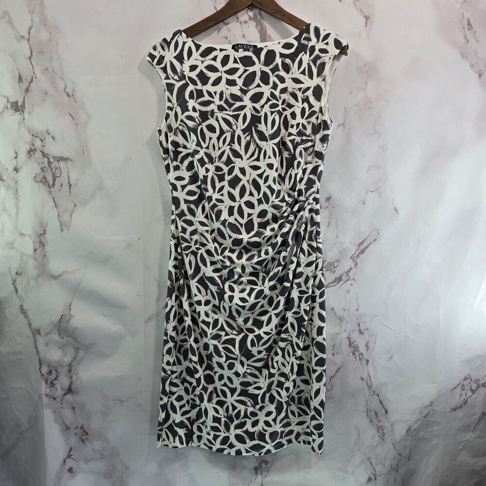 Lauren Ralph Lauren Dress Womens 10 Medium Puple Gray Floral Knee Scrunch